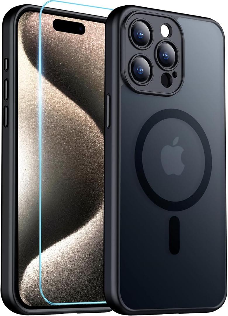 2 x Red2Fire Magnetic for iPhone 15 Pro Case,Upgraded Full Camera Protection,Compatible with Magsafe,Shockproof Protective Translucent Matte Phone Case for iPhone 15 Pro - Black