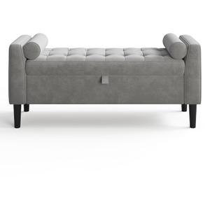46.5 in Grey Velvet Storage Ottoman Bench Upholstered End-of-Bed Bench, Footrest Seat ,Multi-Functional Shoe Bench with Rolled Armrests & Wood Legs, for Entryway, Living Room, Bedroom & Hallway