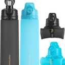 TakeToday Collapsible Water Bottles 20oz, Leak Proof, BPA-Free, Foldable Silicone Travel Water Bottle with Straw Strap for Cycling, Hiking, Outdoors (Black&Ocean)