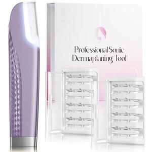 Dermaplane Razor For Women Face, 3 Adjustable Dermaplaning Tool,Facial Hair Removal Razors with Led Light for Peach Fuzz,Rechargeable Sonicsmooth Facial Hair Remover with 8 Replacement Blades (Purple)