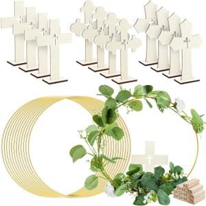 Wesiti 24 Pcs Baptism Centerpieces for Tables 12 Wood Crosses 12 Metal Floral Hoop Centerpiece with Stand Wooden Cross for Baptism Party Wedding Craft(Wood Color,Novel)
