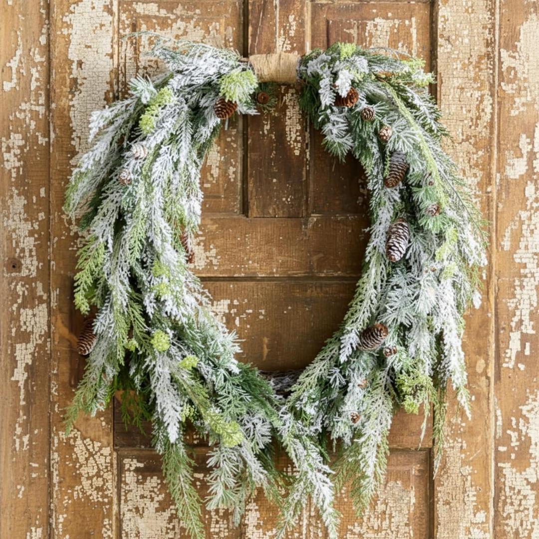 Christmas Snowy Norfolk Wreath 16 Inch Christmas Kitchen Cabinet Wreath Vintage Snow Flocked Pine Cones Wreaths for Xmas Decor Door Cabinet Window Mantle Wall Outdoor Indoor