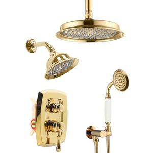 Antique Dual Rain Heads Shower-Faucet System: 9" Ceiling Mounted & 6" Wall Mount with Vintage Handheld Spray, 3 Way Diverter Brass Rough in Valve with Trim Kit, Gold