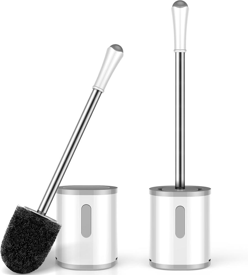 Toilet Brush and Holder Set, 2 Pack with Stainless Steel Handle Toilet Bowl Brush, Compact Toilet Scrubber Brush for Deep Cleaning Bathroom Restroom, Easy to Assemble White & Gray