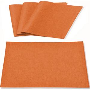 Linen Fabric Placemats Set of 4, Machine Washable, Heat Resistant, Wrinkle Free Thick Polyester Kitchen Place Mats for Dining Table (Orange)