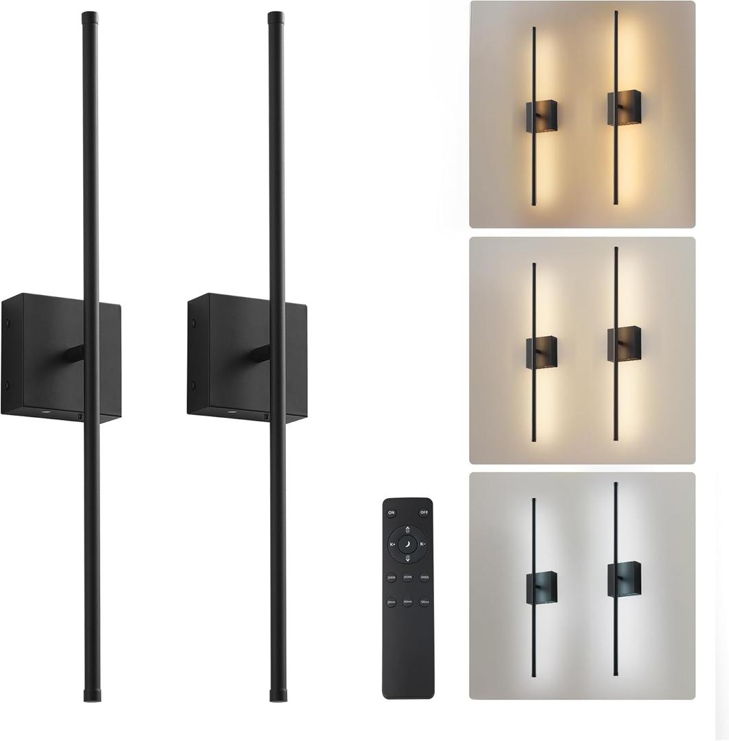 KARTOOSH Removable Battery Operated Wall Sconces with Remote Control, Step less Colors 3000K-6000K & Dimming, 350Rotate, LED Black Wireless Wall Light for Living Room, Bedroom, 32.2 Inch (2 Pack)