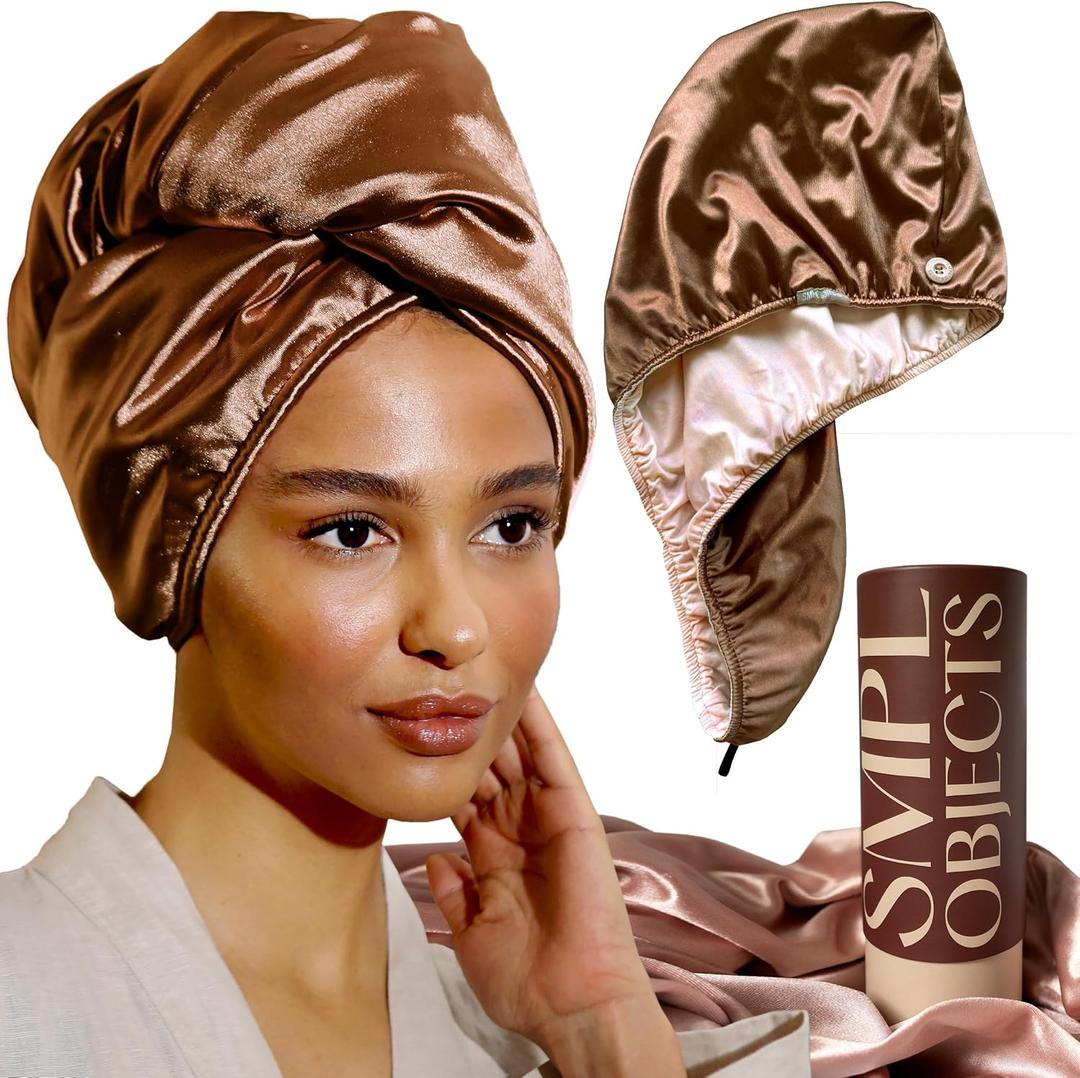 Satin Hair Wrap Towel, Double Layer Curly Hair Turban Towel for Women - Satin Hair Drying Towel for Curly Hair (Bronze)