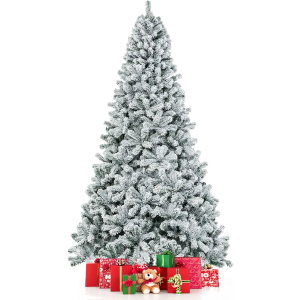 9 FT Snow Flocked Christmas Tree, Artificial Holiday Hinged Pine Tree with 1498 Branch Tips, Solid Metal Stand, Premium Xmas Full Fake Tree for Home, Office, Party Decoration