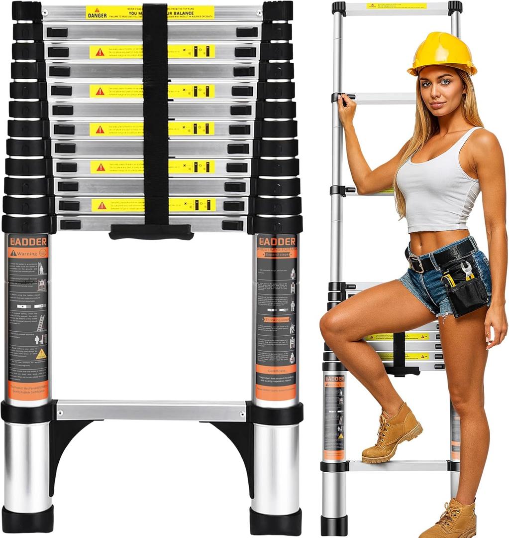 Folding Telescoping Ladder (Black Silver), 12.5 FT Aluminum Extension Ladder Folding Compact Portable Anti-Slip Collapsible Ladders for Home Attic RV Loft Roof