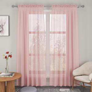 Pink Sheer Curtains Set Semi Light Filtering Voile Rod Pocket Curtains for Windows Treatment Living Room 80 Inch Length Voile Bedroom Linen Textured Panels Drapes 2 Panels 52"x80"