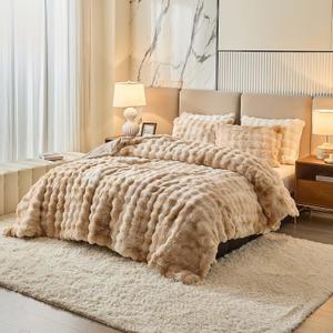 King Faux Rabbit Fur Comforter Set - 3 Pieces Fluffy Bedding Set Ultra Soft Warm Shaggy Winter Flannel Bed Set, Luxury Skin Friendly Sherpa Comforter Set & Pillow for Thanksgiving Tie Dye Coffee
