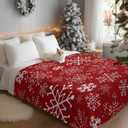 Winter White Snowflake on Red Flannel Throw Blanket Fleece Blankets,Seamless Christmas Theme Soft Warm Cozy Throws Lightweight Fuzzy Blanket for Sofa Couch Bed Car All Season Use, 60x80 In
