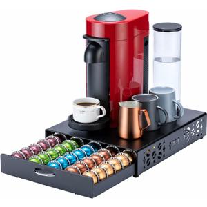 FlagShip for Nespresso Pod Holder Vertuo Capsule Storage Pod Organizer Coffee Bar Design And Coffee Machine Stand Black Metal(50 Pods Capacity)