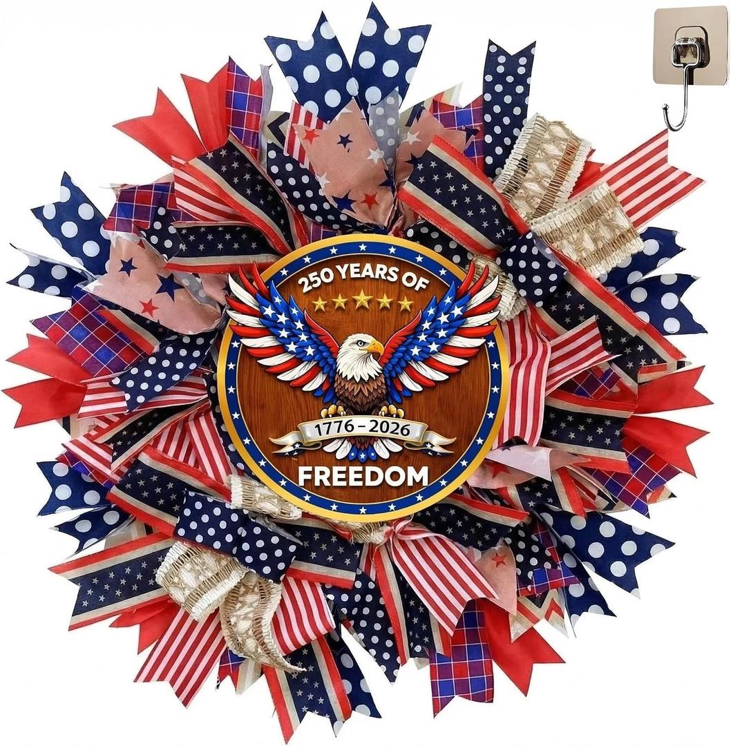 250th Anniversary Patriotic Wreath - 18 Inch Front Door Decor with Wooden Eagle Pattern & Red White Blue Ribbon (Glued on Fabric Base), Handcrafted for 4th of July Independence Day