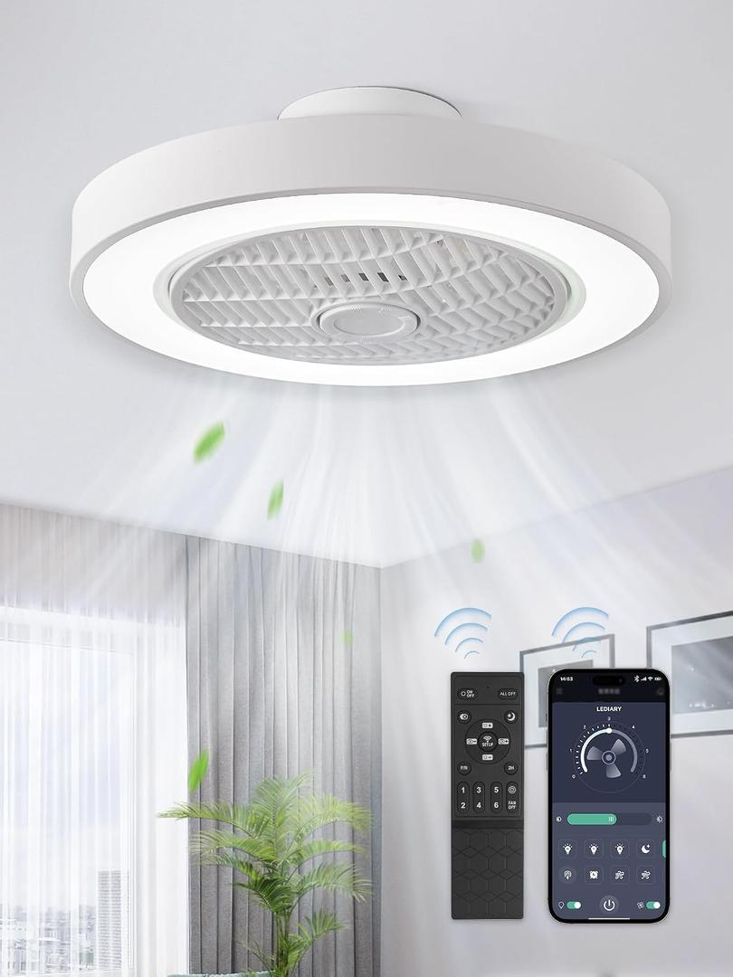 LEDIARY 20 Inch Low Profile Ceiling Fan With Light, Led Bladeless Ceiling Fans, Remote Control Enclosed Flush Mount Ceiling Fan With Timming, 3000-6000K, 6 Wind Speed, 3000LM, 57W-White