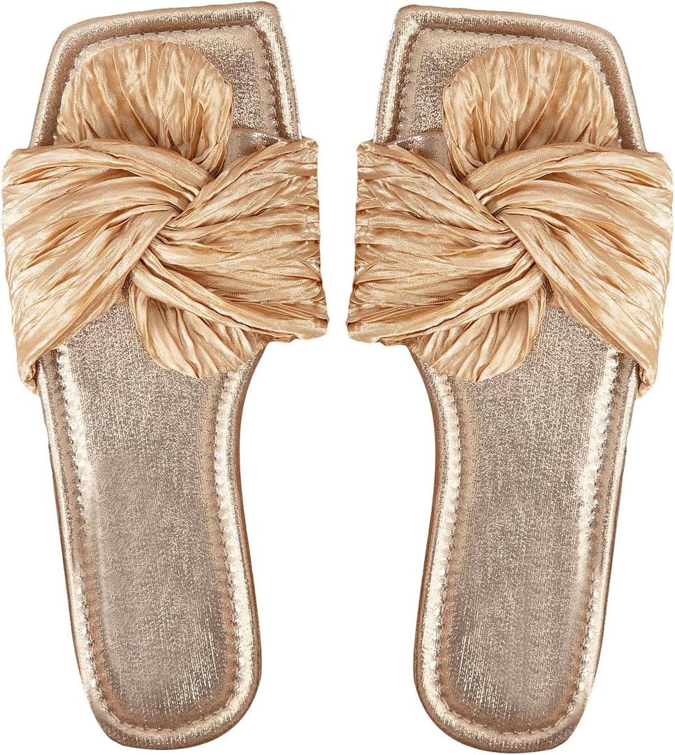 OYOANGLE Women's Metallic Twist Front Open Toe Flat Sandals Fashion Slide Sandals (9.5, Gold)