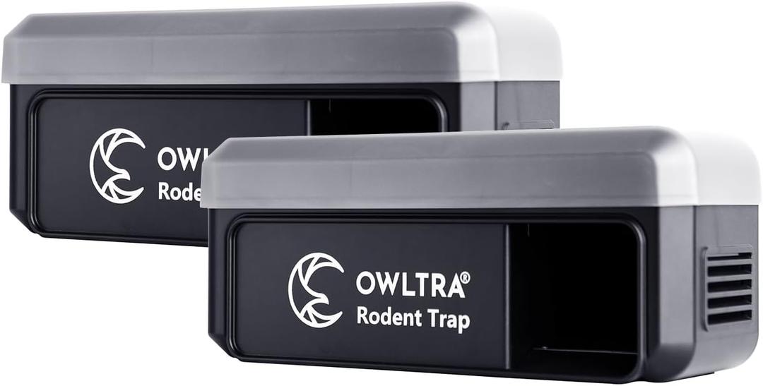 OWLTRA 2 Pack OW-7 in-/Outdoor Electric Rodent Trap, Instant Eliminate Rodent Zapper with Waterproof Cover, Sound & Light Alarm, and Batteries or USB Power Source, Waterproof Grade IPX4, Black