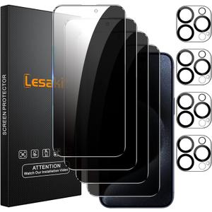 Lesakit 4+4 Pack Privacy Screen Protector for iPhone 15 Pro 6.1-Inch with 4 Pack Camera Lens Protector, Anti Spy Tempered Glass Film 9H Hardness Case Friendly