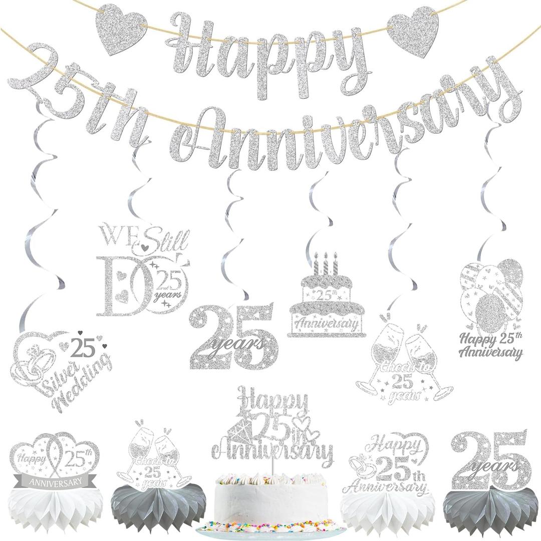 Happy 25th Anniversary Banner Cheers to 25 Years Silver Wedding Anniversary Party Decorations Supplies Cake Topper Hanging Swirls Honeycomb Centerpiece