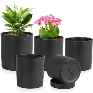 Meowell 7/6.5/6/5/4 inch Plant Pots for Small Indoor Outdoor Plants, 5 Pack Cylinder Flower Pots with Drainage Holes and Saucers, Plastic Planters for Garden Succulent House Plants, Black