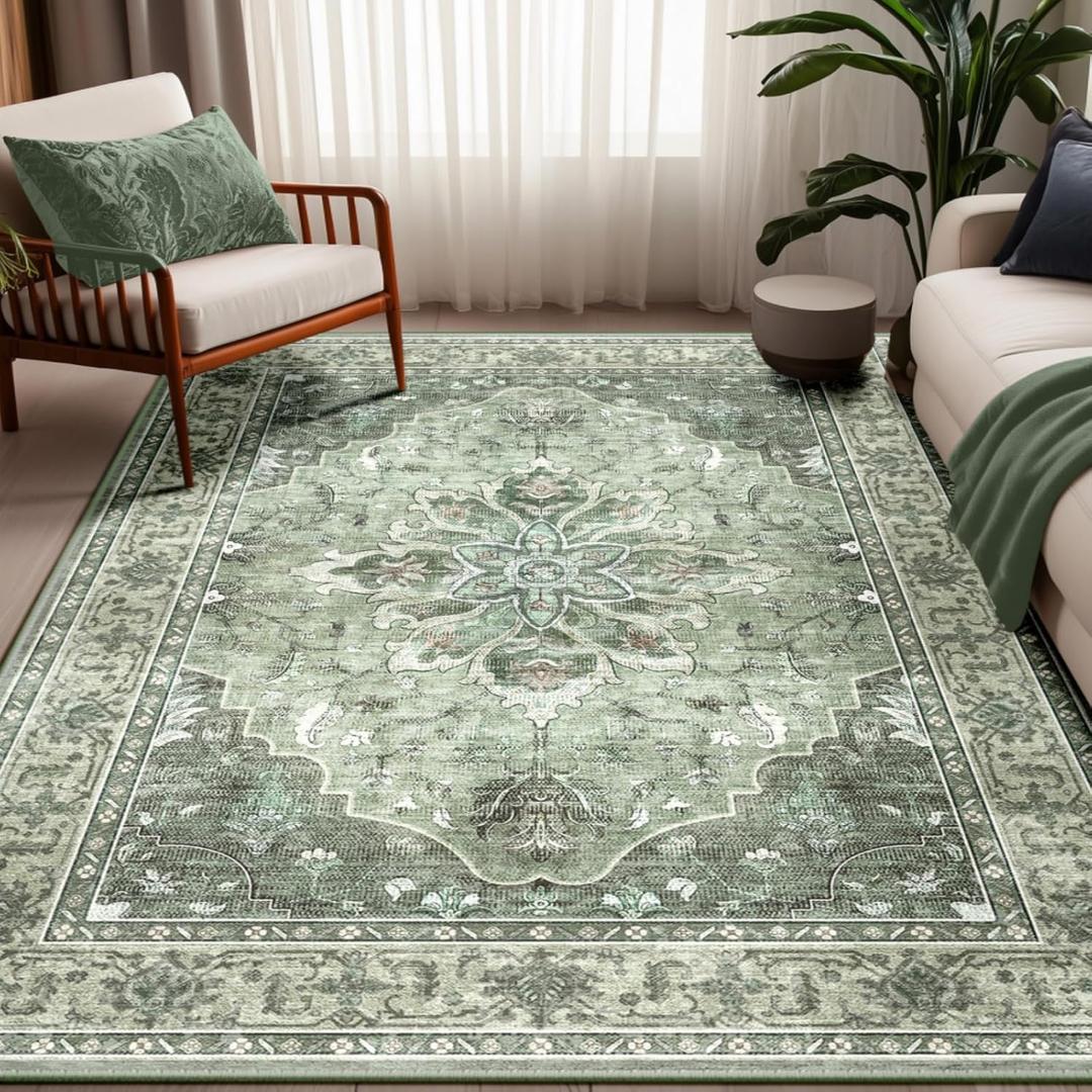 RELEANY Area Rugs 5'x7' Washable Non-Slip, Floral Vintage Distress Print Pattern Medallion Carpet for Living Room Bedroom Dining Room, Dark Green Gray