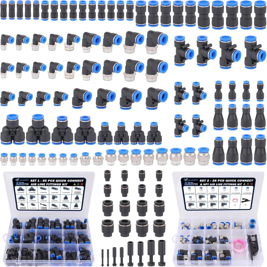 123 Pcs Quick Connect Air Line Fittings Kit Pneumatic Push Lock Air Fittings 1/8",1/4",3/8",1/2" Push to Connect & NPT Thread Air Hose Fittings Quick Release Airline Fitting Kit