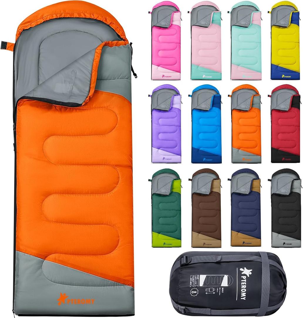 PTEROMY Sleeping Bags for Adults, Lightweight and Machine Washable, Water Resistant Backpacking Camping Sleeping Bag for Warm Cold Weather, Camping Essentials for Hiking Travel (50F~80F / 3 Season, Orange)