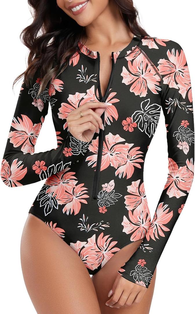 Century Star Long Sleeve Swimsuits for Women Rash Guard UPF 50+ Modest One Piece Surfing Full Coverage Bathing Suit Swimwear (6-8, Pink Printed)