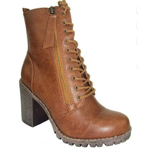 Malia Tan Light Brown Soda Riding Booties Women Chunky High Heel Combat Ankle Boots Army Military
7