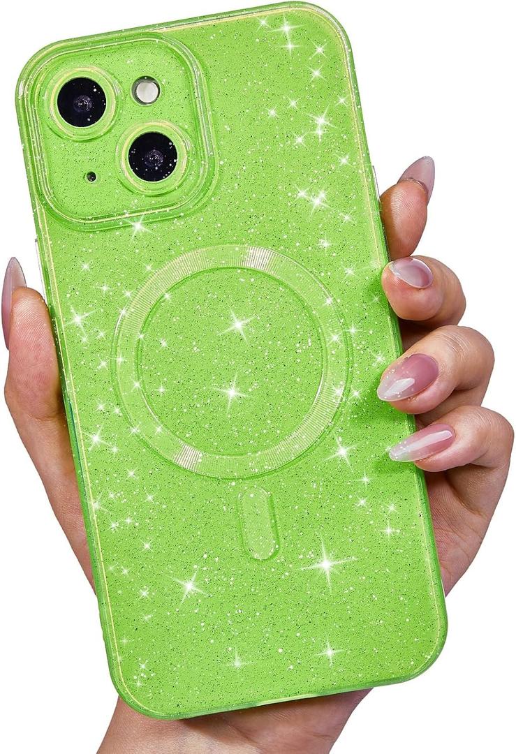 LoeoeL for iPhone 15 Plus Case Glitter Compatible with Magsafe, Girly Cute Sparkly Magnetic Mag Safe Pretty Phone Case for Women, Bedazzled Bling Sparkle Slim Bright Silicone Rubber Jelly, Neon Green