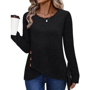 XIEERDUO Tunic Sweaters for Women Long Sleeve Shirts Crew Neck Tops with Buttons Fall Fashion Outfits Winter Clothing (Large, Black)