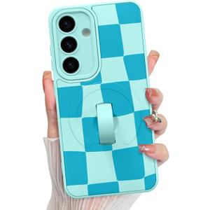 KANGHAR Compatible with Samsung Galaxy S25 Case Checkered Pattern -Blue | Support for MagSafe, Silicone Cute, Wristband Kickstand Camera Protection Soft Slim Cover for Girls Women