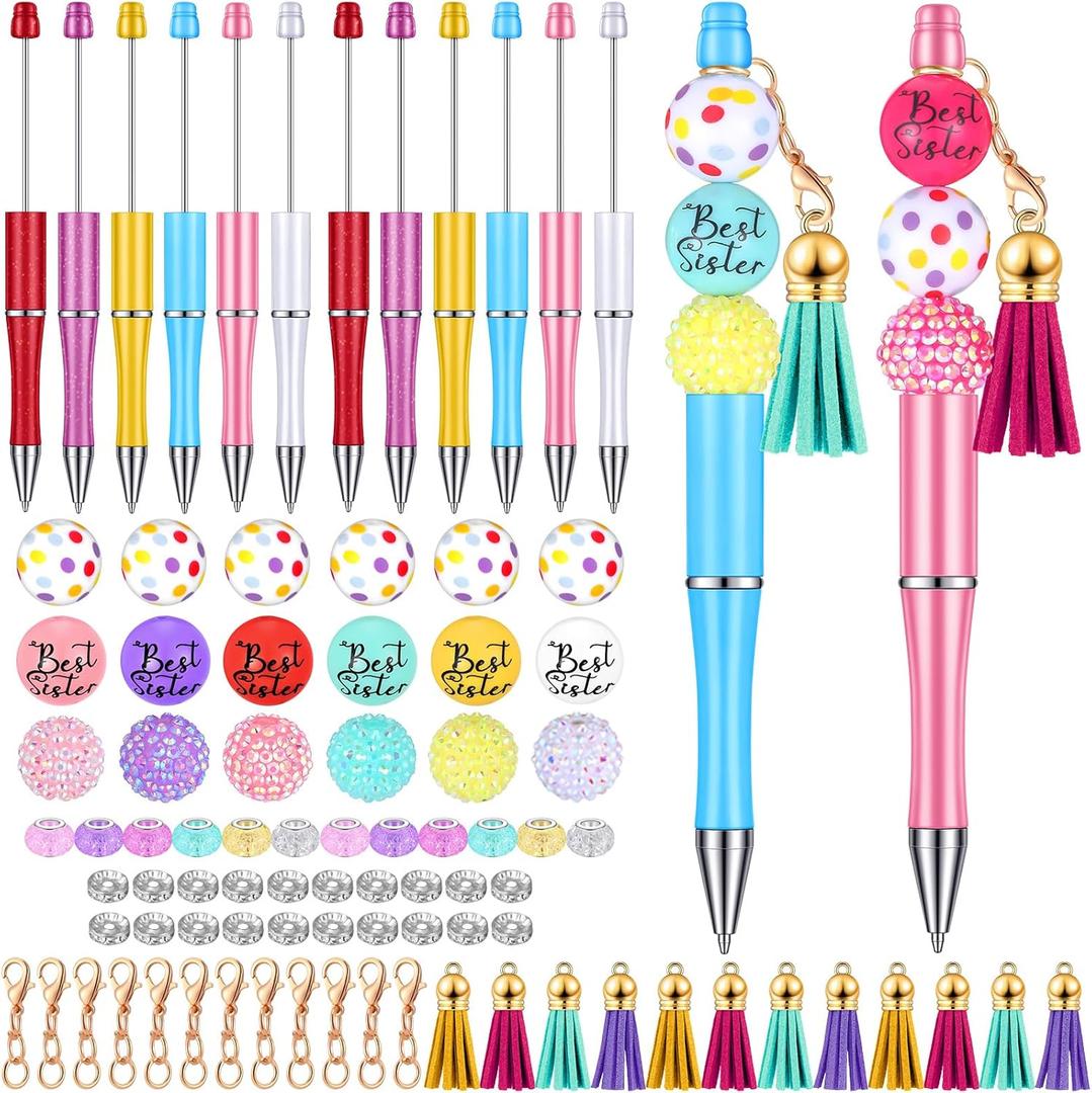 Tinlade 12 Pieces Beadable Pens Bulk with 50 Pcs Assorted Colors Beads Pens DIY Making Kit Multicolor Ballpoint Black Ink for Women Kids Students Office School(Sister Style)