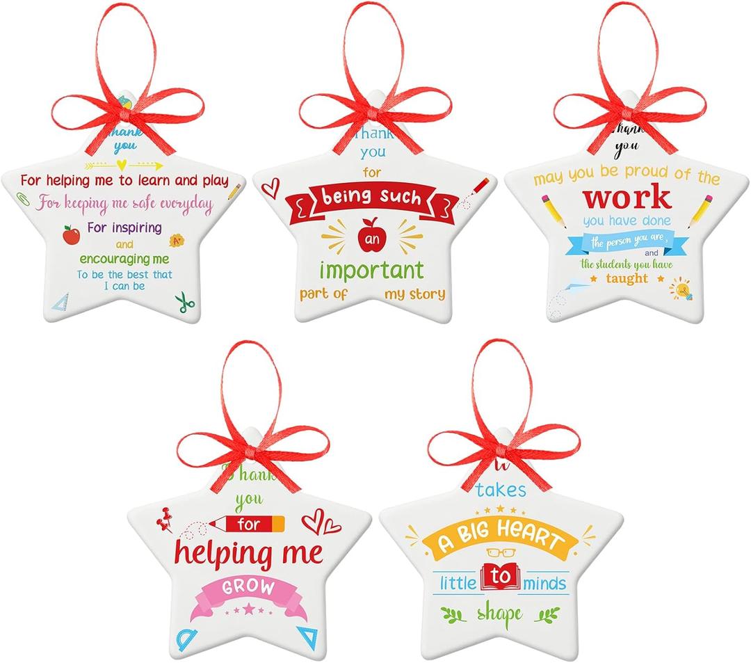 Eaasty 5 Pcs Thank You Gifts for Women Teacher Preschool Daycare Teacher Appreciation Gifts Ceramic Round Heart Thank You Plaque for Teachers Week Gift Office Desk Decoration(Star Style)