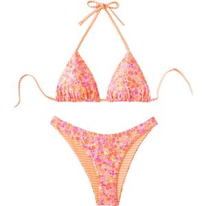 WDIRARA Women's 2 Piece Floral Striped Bikini Set Halter String Thong Swimsuit High Cut Bathing Suit L