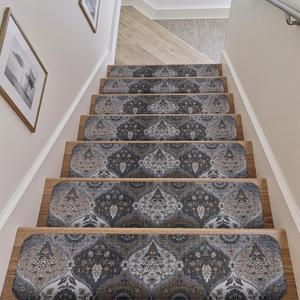 OJIA Non-Slip Stair Treads for Wooden Steps 15 Pack, 30"X8" Rubber Indoor Stair Runner Slip Resistant Stair Rugs Safety Mats for Dogs, Kids & Elders, Stairway Grip Carpet Step Treads Stair Covers (Grey/Multi)