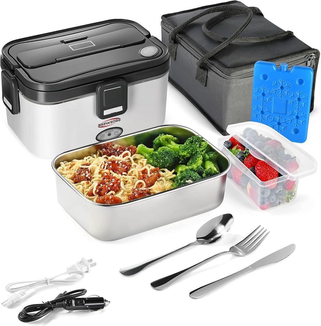 Electric Heated Lunch Box Food Heater for Adults and kids, food warmer , 70W 110V/12V/24V, heating lunch box for work, food warmer for car, 1.8L with Cutlery Set & Ice Pack