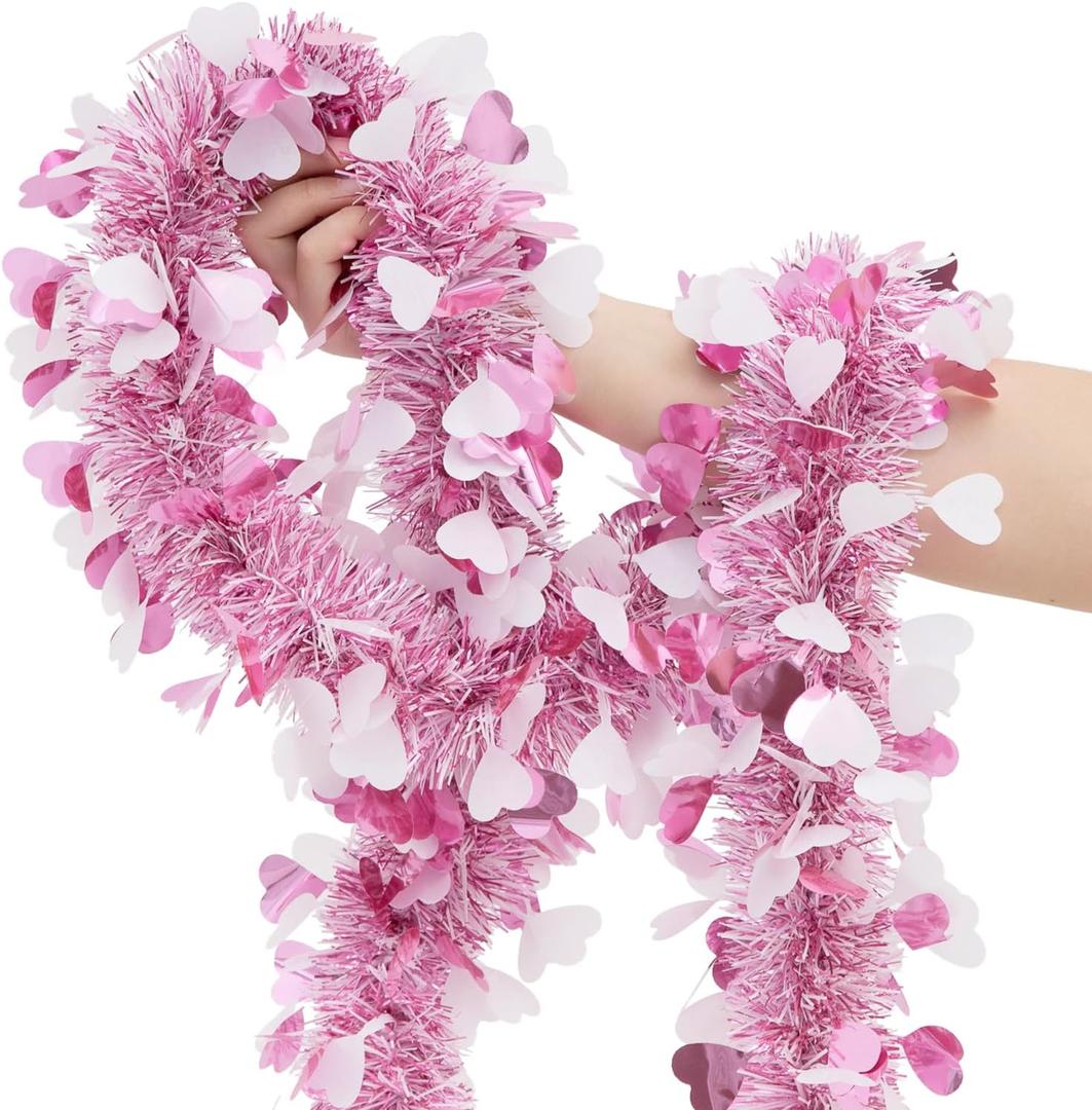 33FT Valentines Heart Tinsel Garland, Pink Metallic Twist Foil Tinsel Garland with Heart Ornament Hanging Garland for Valentines Wedding Birthday Party Indoor Outdoor Decoration