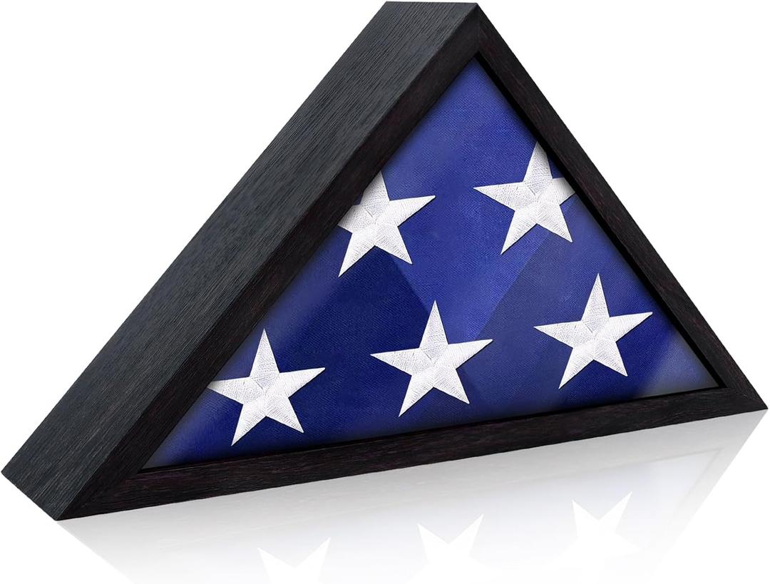 Flag Display Case for 3' x 5' Flag, American Flag Shadow Box with HD Tempered Glass and Wall Mount, Folded Triangle Flag Holder Frame for Small Flag (Not for Burial Flag) - Black Walnut