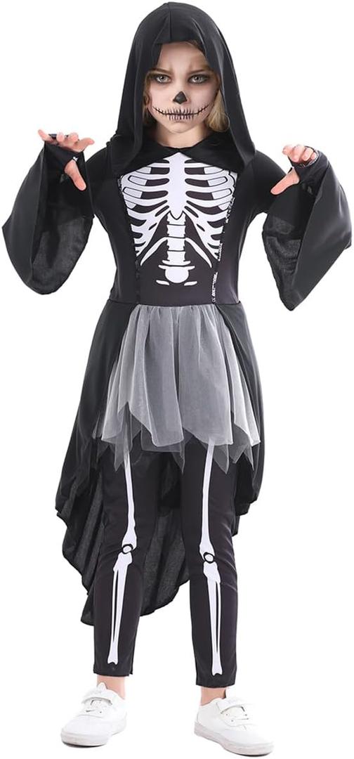 Kids Halloween Skeleton Costume, Midnight Reaper Costume for Girls, Hooded Dress with Legging and Gloves for Halloween Party (10-12 Year old)