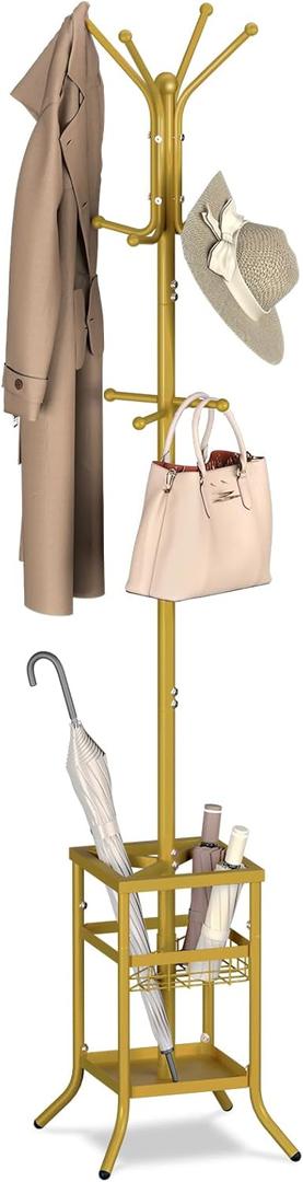 Yoobure Coat Rack Freestanding, Coat Tree with Umbrella Holder, Metal Coat Rack Stand with 12 Hooks, Modern Coat Hanger Stand for Entryway, Purse Rack Hat Rack Stand for Living Room Bedroom Office (Gold)