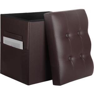 Storage Ottoman, Slim Tall Foot Stool with Thicker Foam Padded Seat. Folding Leather Foot Rest Furniture with Handles & Side Pocket. Ottoman with Storage for Living Room 350 lbs, 17x13x17in, Brown