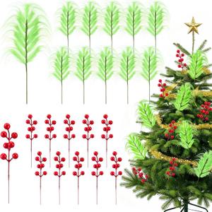 20 Pcs Christmas Tree Topper 14.9'' Lime Green Furry Tree Picks 7'' Red Berry Stems Christmas Ornament for Xmas Topper Wreath Vase Filler Home Decorations Supply Gift