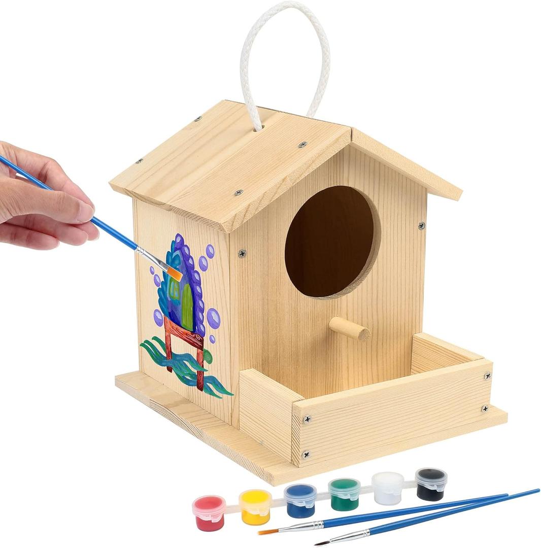 LotFancy Bird House Kit, DIY Wooden Birdhouse Kits, Arts and Crafts Painting Kits for Kids Ages 4+, Build and Paint, Including Paints & Brushes