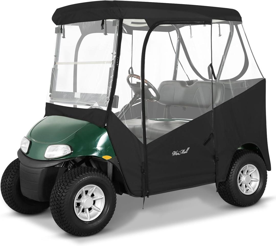 Golf Cart Enclosure 2 Passenger for EZGO TXT RXV 2-Seater 600D Waterproof Transparent Driving Rain Cover 57.5 Inch Roof 4-Sided Clear Windows Roll-Up Door Black