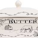 Creative Co-Op Country Stoneware Butter Dish with Lid, "Spread the Love" Message, and Farm Line Drawing, White and Black, Food, Microwave, and Dishwasher Safe