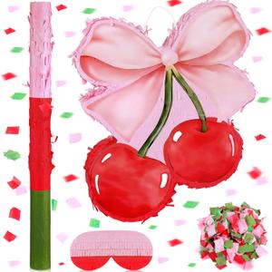 Coquette Pink Bow Cherry Piata Pink Girls Party Piata Bundle with a Blindfold, Bat and Confetti Birthday Coquette Party Supplies, 15.75"L x 12.99"W x 2.95"H