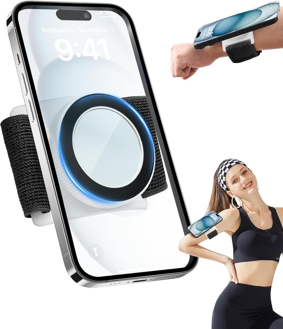 TOPGO Magnetic Running Phone Holder for iPhone, HD Mirror & Extendable Anti-Drop Rope for Gym/Yoga, 360 Rotatable Wrist Phone Holder, Fits iPhone 16 Pro & Android (Black, 2 Straps)