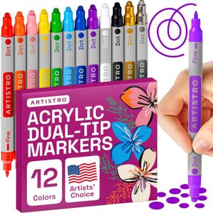 ARTISTRO 12 Dual Tip Acrylic Paint Markers, Acrylic Paint Pens, Fabric Markers for Textile, Rock, Glass, Wood, Paper, Ceramic, Canvas DIY Art Supplies Kit for Kids and Adults (Dual Tip Dot + Fine, 12)