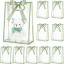 Aliceset 12 Pcs Clear Plastic Gift Bag with Die Cut Handles Reusable PP Favor Bag with Ribbon for Wedding Bridal Birthday Baby Shower Party Small Business, 7x10x3.15 Inch(Sage Green)